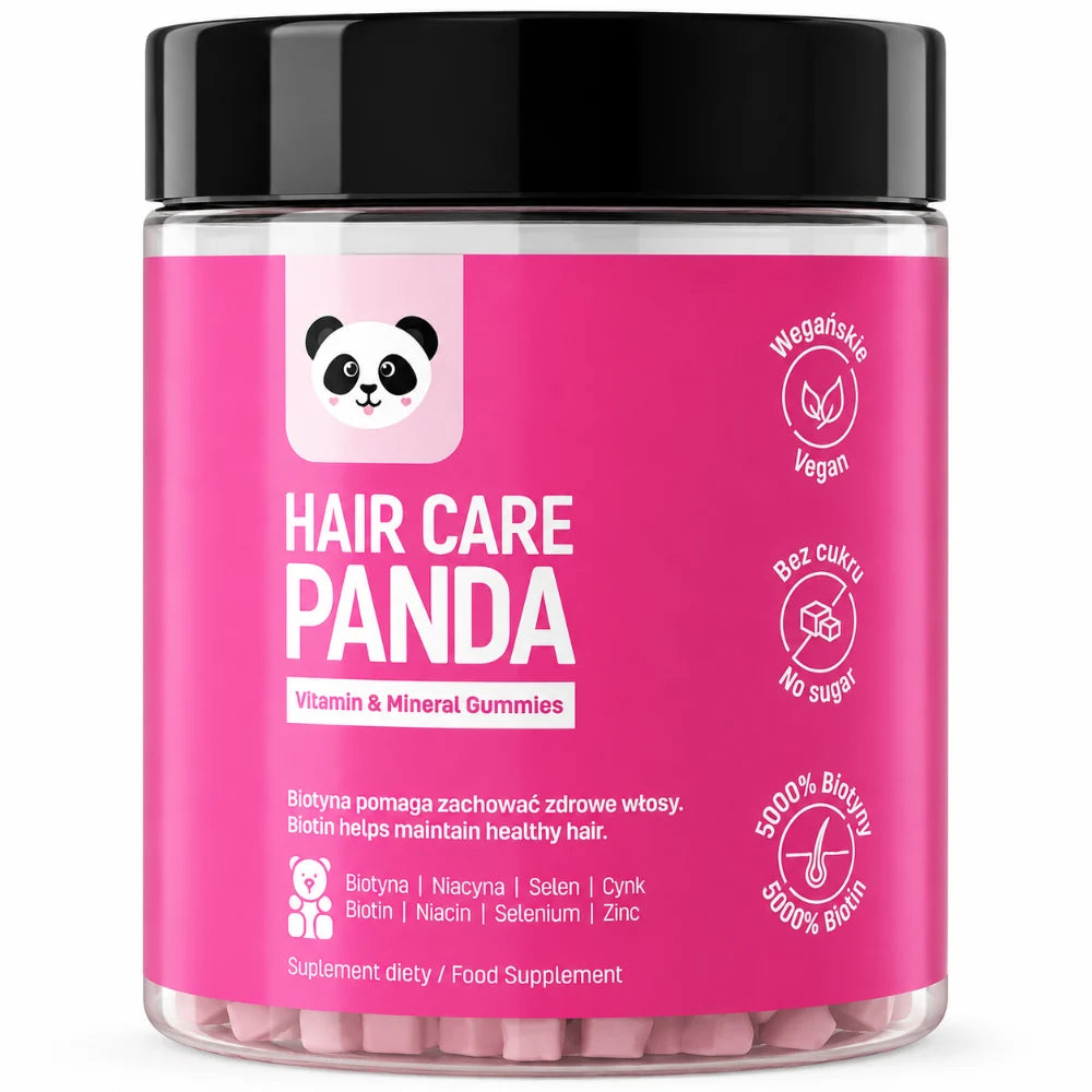 Jar of 'Hair Care Panda' vitamin and mineral gummies with pink label and black lid. #Size_300g