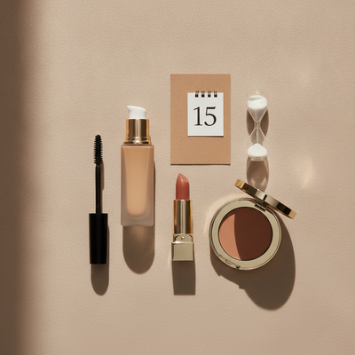 Makeup flat lay with mascara, foundation, lipstick, powder, a calendar page and an hourglass — makeup shelf life