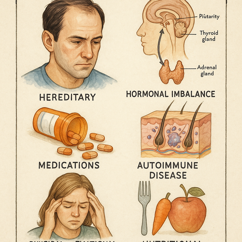 Pagrindinės plaukų slinkimo priežastys: paveldimumas, hormonų disbalansas, vaistai, stresas ir mityba.